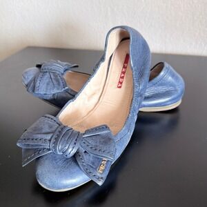 Prada Blue Leather Vintage Y2K Ballet Flats Bow Detail Women's Size 36.5 US 6